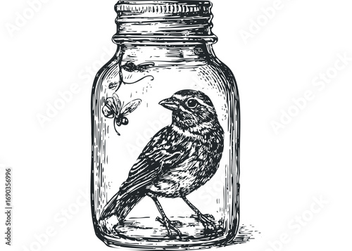 Sketch of a small bird perched inside a glass jar with a small plant. Vector hand drawn illustration