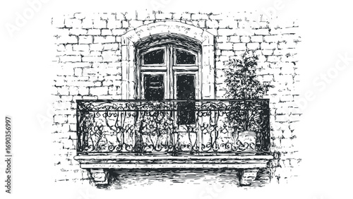 Sketch of arched window and ornate balcony with potted plant on brick wall. Vector hand drawn illustration