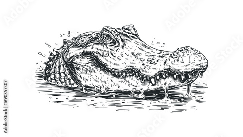 Ink line drawing of an alligator emerging from water with water droplets. Vector hand drawn illustration