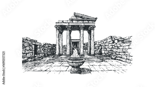 Ancient ruin stone structure with columns and bowl outline on transparent background. Vector hand drawn illustration