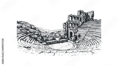 Ancient stone amphitheater with seating and stage on transparent background. Vector hand drawn illustration