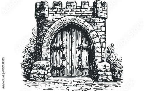 Castle gate tower with arched wooden doors and stone parapet. Vector hand drawn illustration