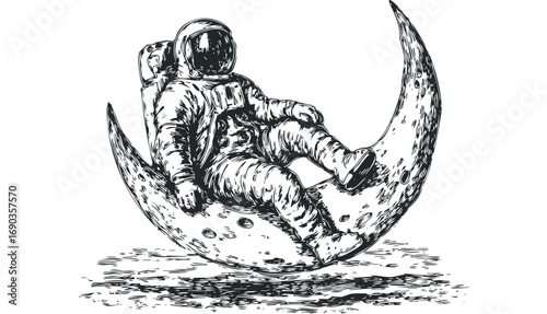 Sketch of Astronaut Relaxing on Crescent Moon Surface. Vector hand drawn illustration
