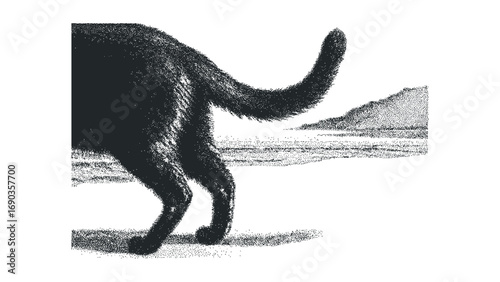 Stippled black cat tail and hindquarters on white. Vector hand drawn illustration