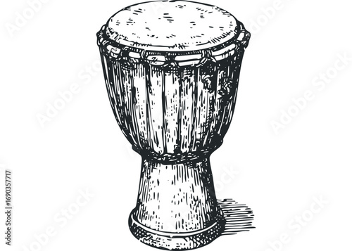 Sketch of a Djembe Drum with a Shadow. Vector hand drawn illustration
