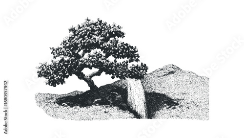 Isolated stippled tree on rolling hill with cascading waterfall. Vector hand drawn illustration