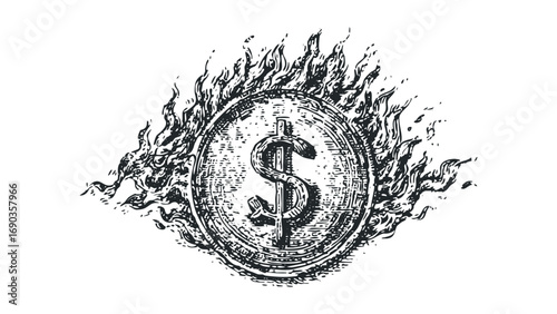 Dollar coin burning in flames, vintage woodcut style. Vector hand drawn illustration