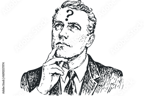 Man with Question Mark Above Head Pondering Decision. Vector hand drawn illustration