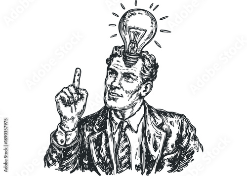 Man With Light Bulb Above Head Showing Idea. Vector hand drawn illustration