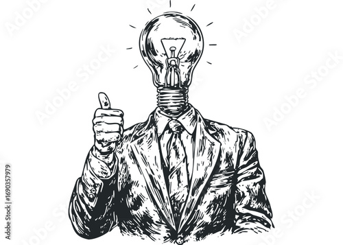 Man with light bulb head giving thumbs up on transparent background. Vector hand drawn illustration