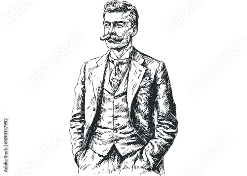 Vintage gentleman with distinguished mustache, standing with hands in pockets, sketched on transparent background. Vector hand drawn illustration