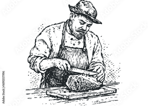 Cook in hat prepares large meat cut on wooden board with knife. Vector hand drawn illustration