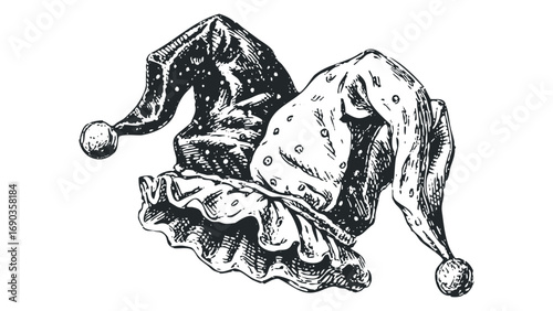 Sketch of a Jester's Hat with Pom Poms and Ruffle Trim. Vector hand drawn illustration