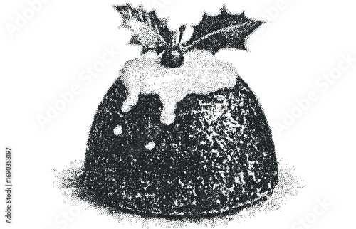 Christmas pudding with holly garnish on transparent. Vector hand drawn illustration