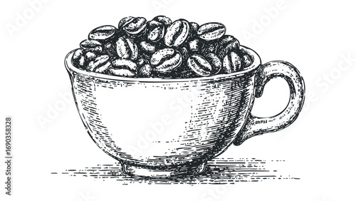 Espresso cup brimming with coffee beans, isolated on white. Vector hand drawn illustration