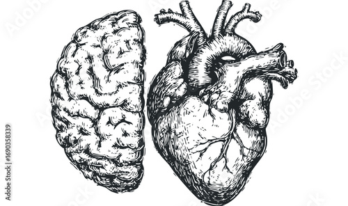 Anatomical illustration of human brain and heart side by side on transparent. Vector hand drawn illustration
