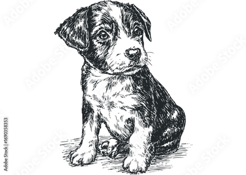 Sketch of a young puppy sitting with its ears perked. Vector hand drawn illustration