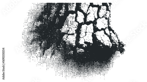 Cracked bark texture with halftone dot overlay. Vector hand drawn illustration