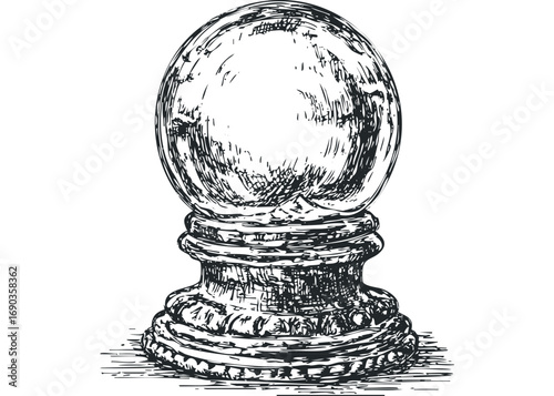 Sketch of a fortune teller's crystal ball on a decorative stand. Vector hand drawn illustration