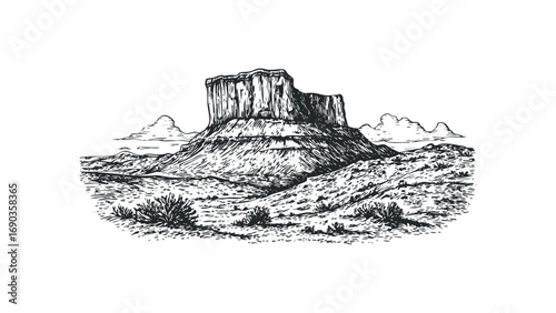 Pen and ink drawing of a mesa with sparse vegetation and clouds. Vector hand drawn illustration