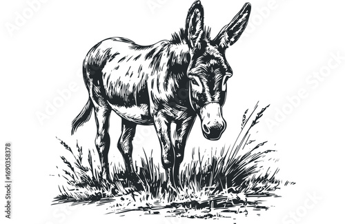 Pencil sketch of a donkey standing in tall grass on a transparent background. Vector hand drawn illustration