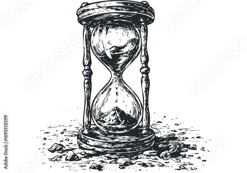 Grunge hourglass with sand and debris on transparent background. Vector hand drawn illustration