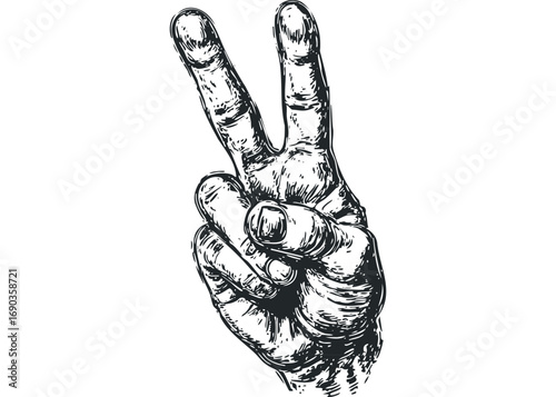 Hand gesture for peace and victory with two fingers up, hand drawn sketch. Vector hand drawn illustration