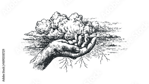 Hand holding storm clouds and lightning image. Vector hand drawn illustration