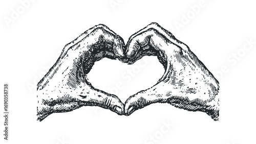 Pen and ink drawing of hands forming heart shape. Vector hand drawn illustration