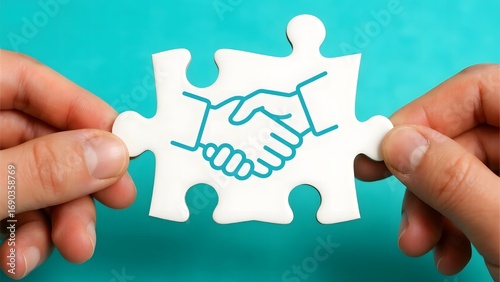 Two hands holding puzzle pieces with a handshake design, symbolizing partnership and agreement.
