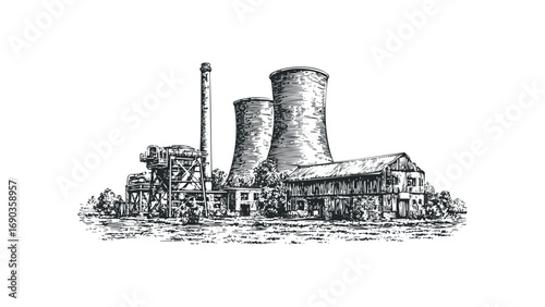 Industrial power plant cooling towers and smokestack. Vector hand drawn illustration
