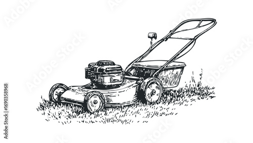 Sketch of a push lawnmower on grass. Vector hand drawn illustration