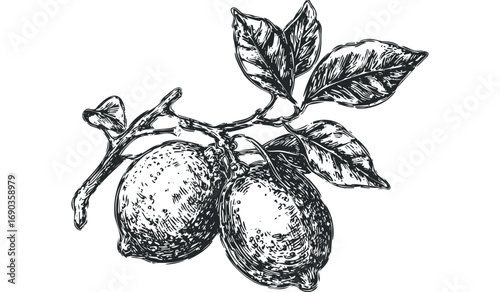Vintage style engraving of two lemons on a branch with leaves. Vector hand drawn illustration