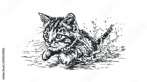 Sketch of a kitten splashing through water. Vector hand drawn illustration