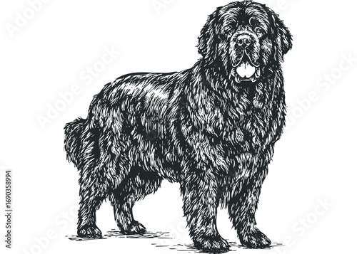 Pen and ink drawing of a large, fluffy dog on a white background. Vector hand drawn illustration