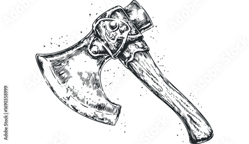 Engraved steel axe with wooden handle image. Vector hand drawn illustration