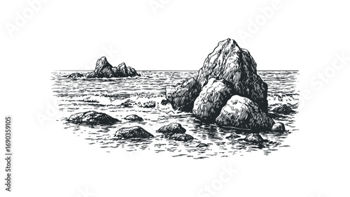Rocky shore with ocean waves and sea stacks illustration. Vector hand drawn illustration