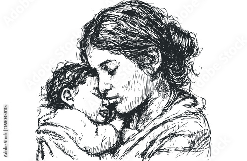 Mother holding her baby with love and tenderness sketch. Vector hand drawn illustration