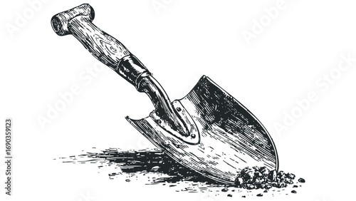 Handheld garden shovel digging into soil, sketch on white. Vector hand drawn illustration
