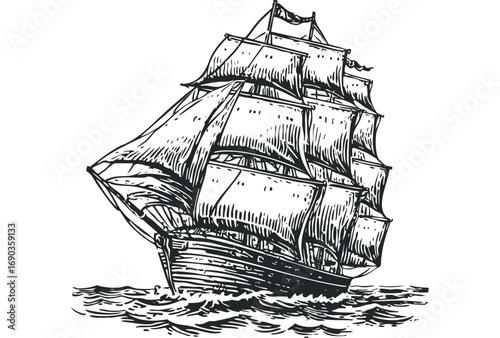 Vintage sailing ship with full sails navigating ocean waves. Vector hand drawn illustration