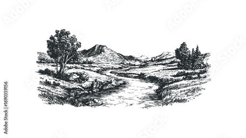 Pencil sketch of a winding river through a grassy landscape with trees and mountains. Vector hand drawn illustration