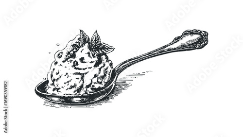 Sketch of Spoon Holding a Serving of Mashed Food and Mint Leaves. Vector hand drawn illustration