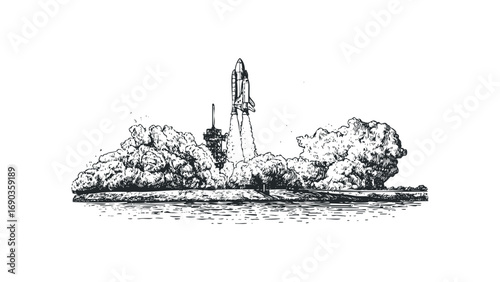 Space shuttle taking off with dense smoke and fiery exhaust,. Vector hand drawn illustration