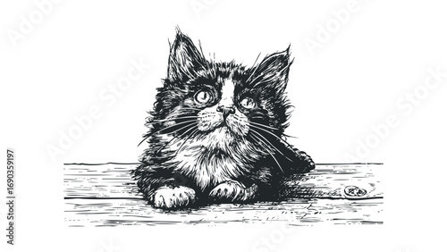 Fluffy kitten peeking over wooden surface image. Vector hand drawn illustration