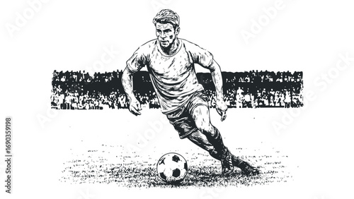 Skilled soccer player dribbling ball with crowd in background. Vector hand drawn illustration