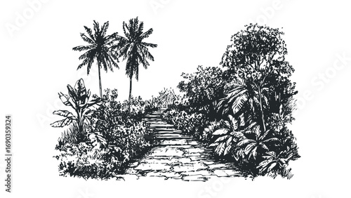 Tropical jungle path with palm trees and lush foliage hand drawn sketch. Vector hand drawn illustration