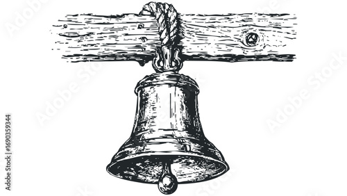 Vintage bell suspended by rope from wooden beam. Vector hand drawn illustration