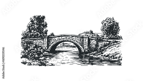 Sketch of a stone bridge spanning a river with trees. Vector hand drawn illustration