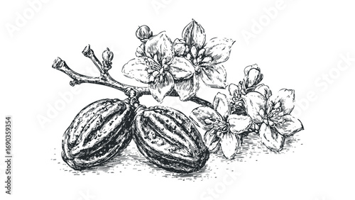 Hand drawn cocoa pods and flowers on transparent background. Vector hand drawn illustration
