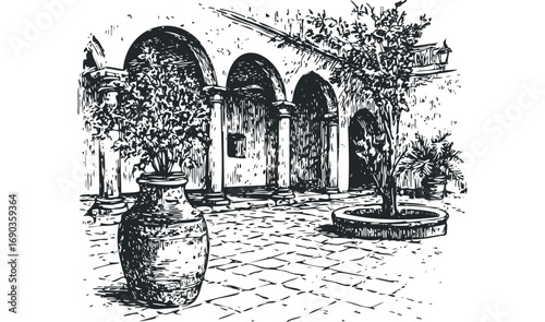 Sketchy courtyard with arched walkway, potted trees, and stone paving. Vector hand drawn illustration